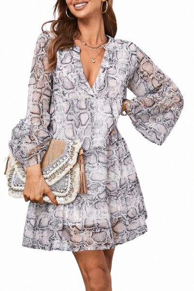 

snake print v neck ruffle swing mini dress 2023 new f9gk#, Black;pink