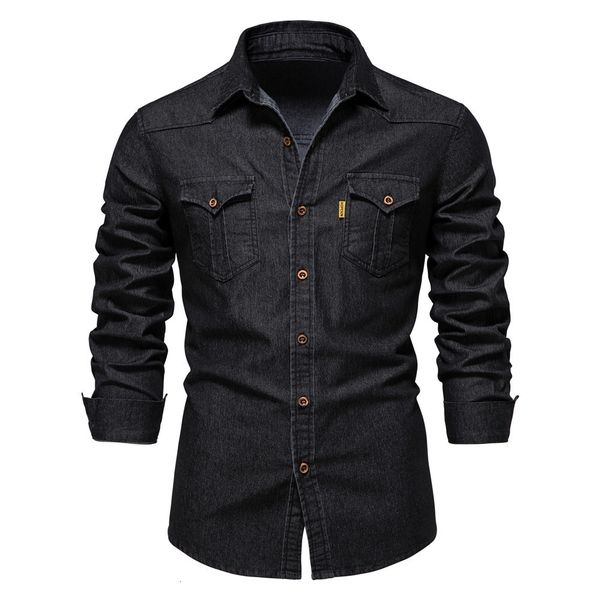 

men's casual shirts aiopeson brand elastic cotton denim shirt men long sleeve quality cowboy shirts for men casual slim fit mens design, White;black