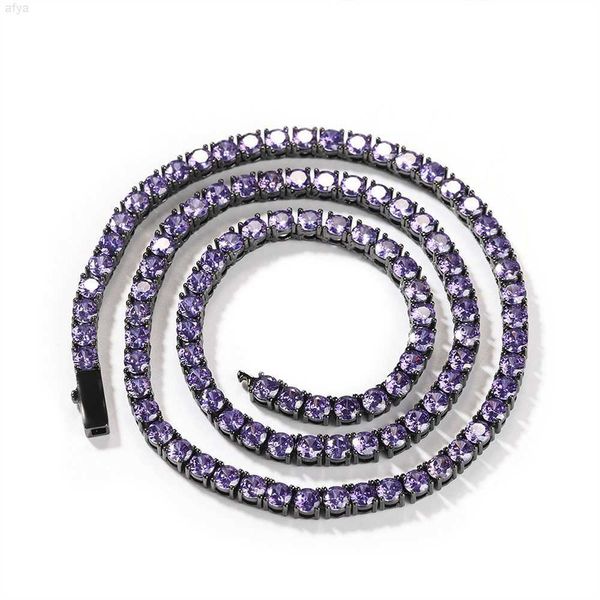 

hip hop 4mm spring buck black purple cz zircon diamond custom bling tennis chain necklace, Silver