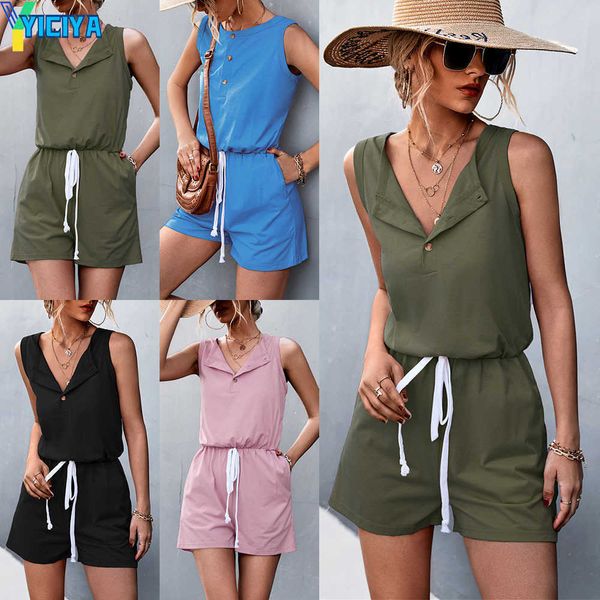 

yiciya spring and summer 2022 new solid color sleeveless button casual one-piece shorts, Gray