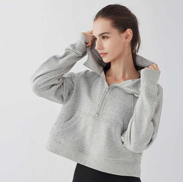 

lu-220 sports coat women's half zipper hoodie sweater loose versatile casual baseball suit running fitness yoga gym clothes jacket tida, Gray