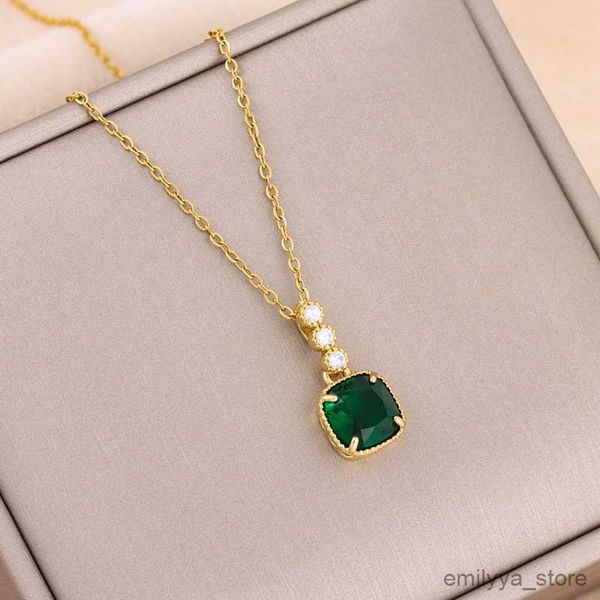 

pendant necklaces new elegant square green zircon crystal pendant necklace for women vintage style female stainless steel neck chain jewelry, Silver