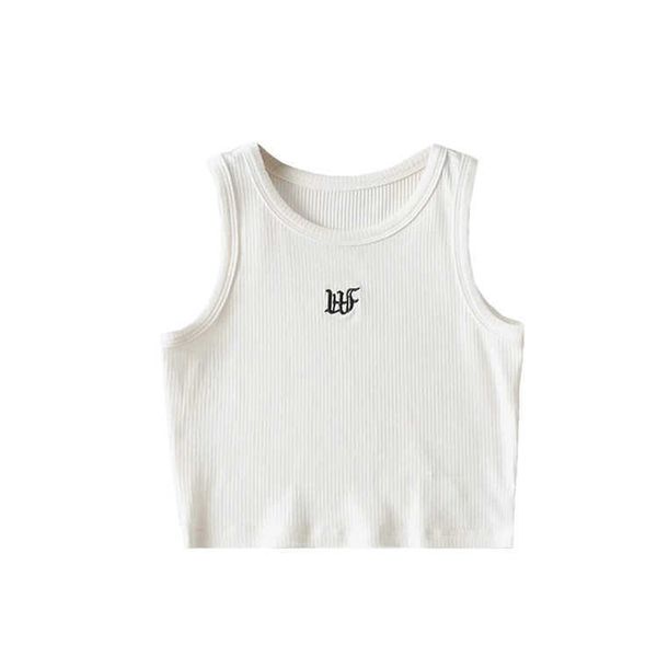 

summer slim fit high waist exposed umbilical sleeveless short bottom tank with round neck letter embroidery outer wear small top, White