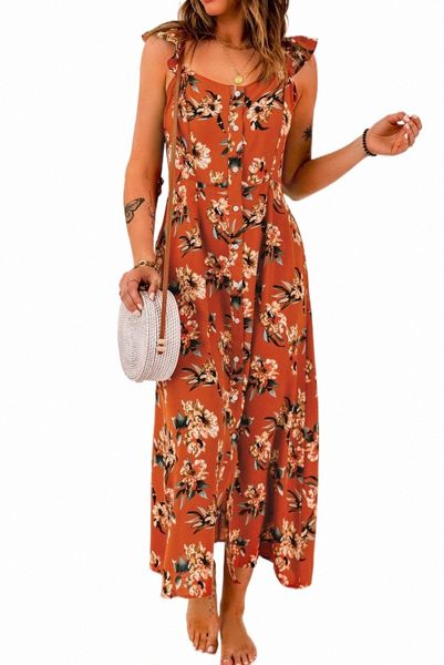 

floral print buttons sleeveless maxi dress with a slit a7vb#, Black;pink