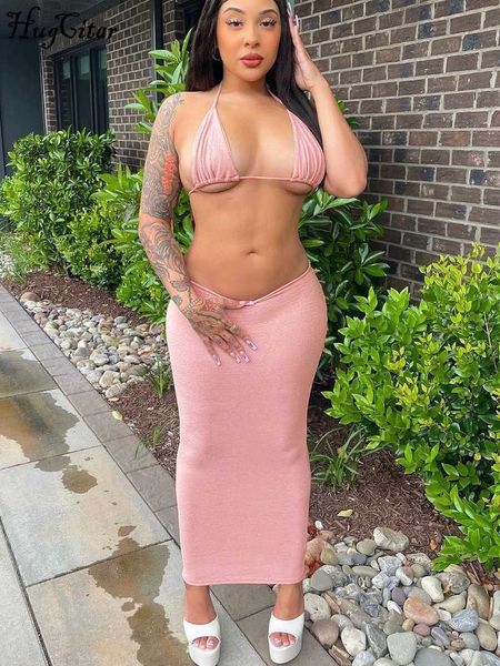 

rukas solid halter bandage kawaii crop maxi skirt 2 piece sets 2023 summer women elegant outfits holiday rave party, White