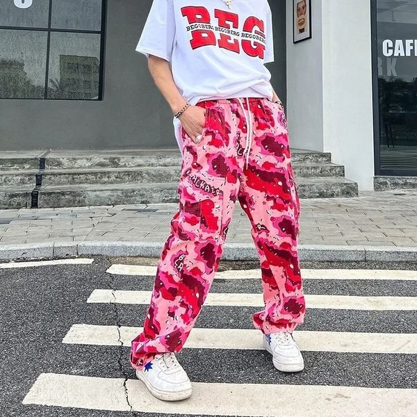 

men's pants women's casual pants y2k retro camouflage overalls loose straight multi-pocket ins boom style casual trousers for men, Black