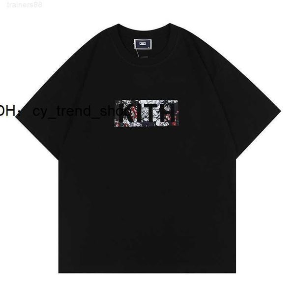

men's tshirts fashion brand kith floral classic box tee flower print tshirt for men and women large short sleeve1, White;black