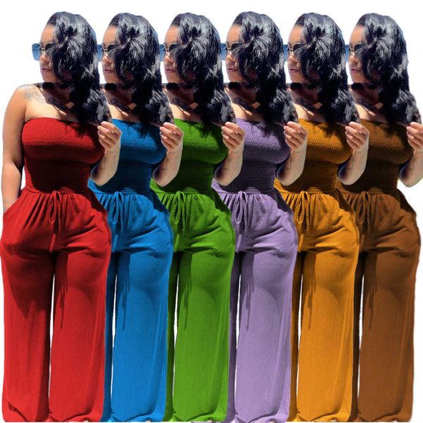 

designer jumpsuits solid color off shoulder frosted strapless drawstring wide leg pants overalls plus size clubwear 5 colours, Black;white