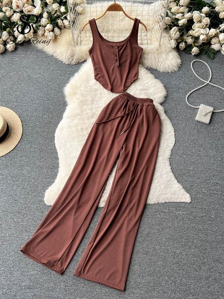 

women summer casual tracksuit sleeveless button tank wide legs long pants sets retro sporty two pieces suits, White