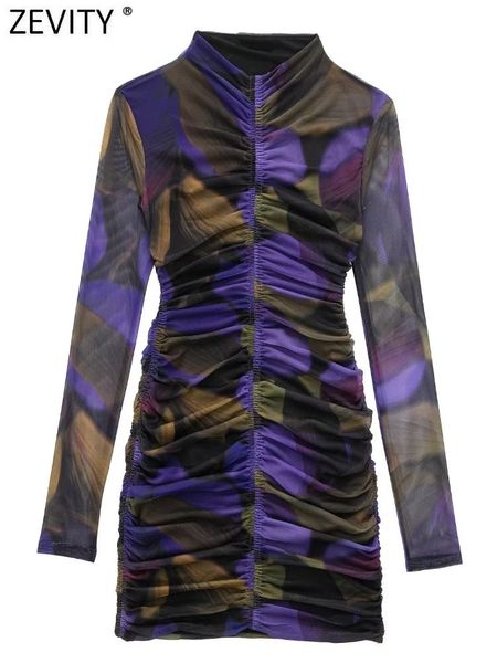 

dresses zevity new women fashion contrast color floral print purple mesh slim mini dress female chic long sleeve pleated vestidos ds2789, Black;gray