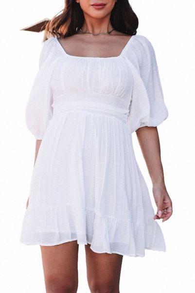 

white bow knot square neck ruffled high waist mini dress f0vb#, Black;pink