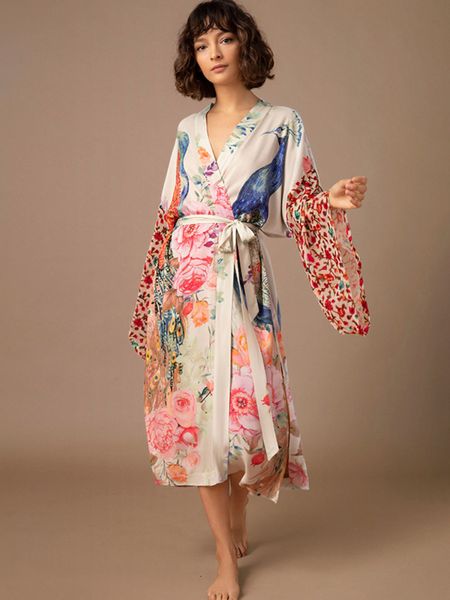 

women's swimwear beach kimono for women peocock printed swimsuit cover up self belted wrap dresses seaside bathing suits beachwear 2305, White;black