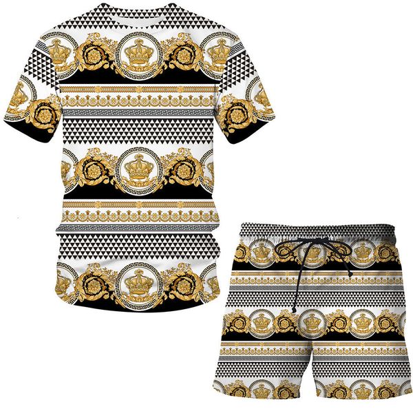 

men's tracksuits summer 3d printed crown luxury chain men's suit pattern t shirt short sleeve casual shorts streetwear men clothin, Gray