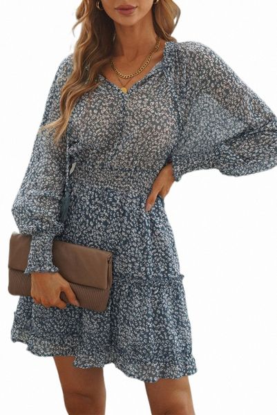 

sky blue print smocked puff sleeve tiered ruffled mini dress j9pr#, Black;pink