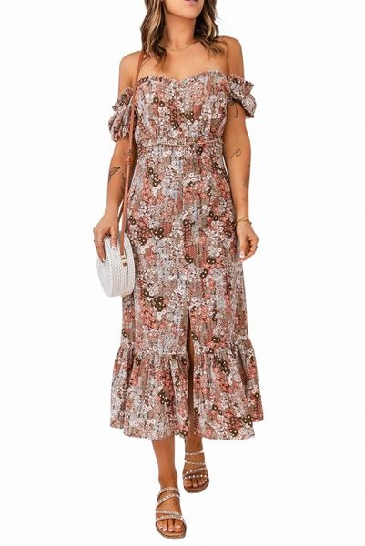 

off-the-shoulder ruffle floral dress 2023 new b5kd#, Black;pink