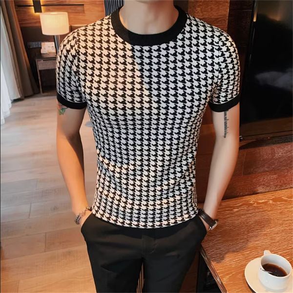 

luxury men summer slim knitted tshirt 2023 new houndstooth o-neck short sleeve tees streetwear social club casual tee shirt m-4xl, White;black