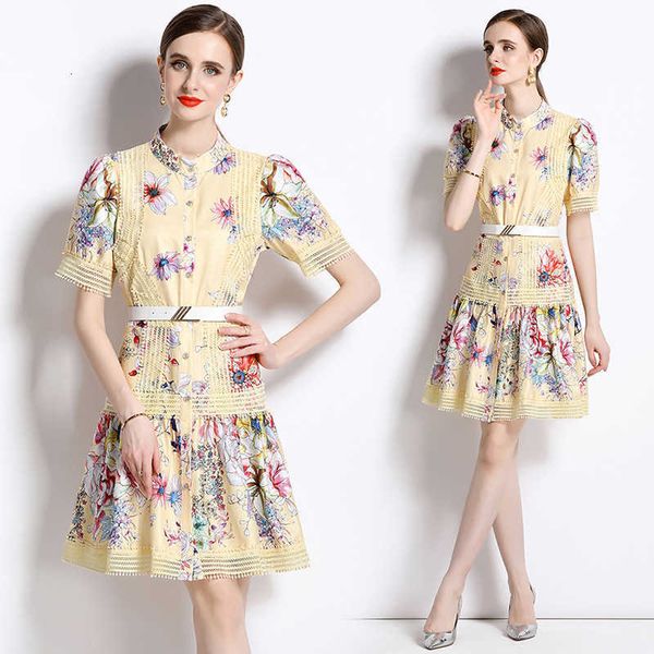 

and women's spring summer new standing neck short skirt short sleeve printed a-line skirt with belt, Black;gray
