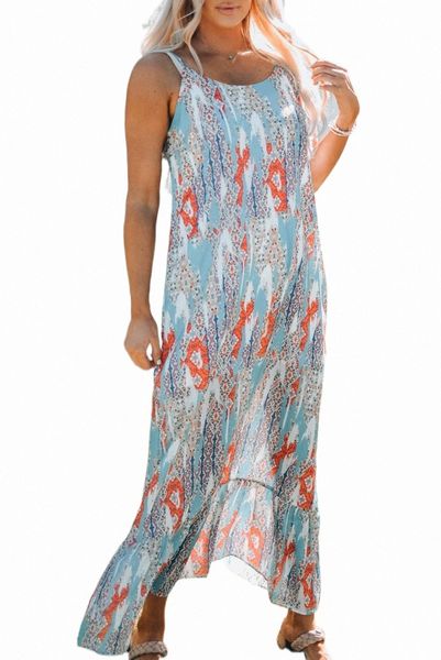 

sky blue western pattern print spaghetti strap shift maxi dress y9g3#, Black;pink