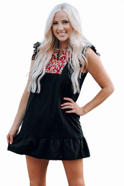

black boho print pompom sleeve shift dress 2023 new l21k#, Black;pink
