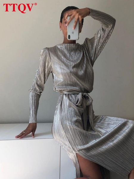 

dresses ttqv fashion sliver pleated maxi dress casual oneck long sleeve bodycon dress elegant laceup party dresses for women 2022, Black;gray