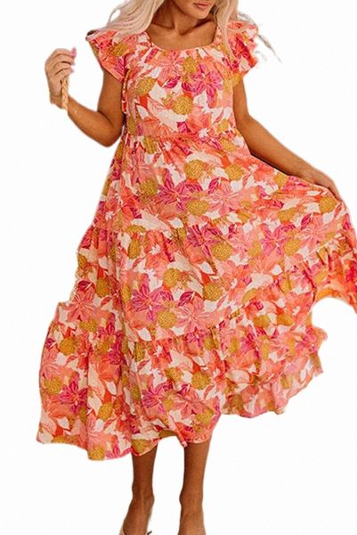 

multicolor floral print ruffle sleeve tiered long dress 75o5#, Black;pink