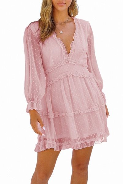 

pink layered ruffled open back puff sleeve swiss dot mini dress m2qt#, Black;pink