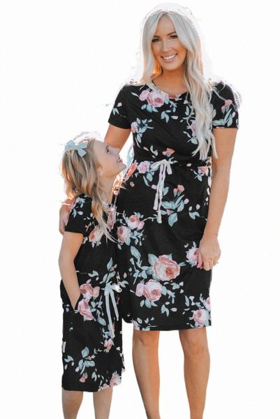 

black short sleeve pocketed drawstring casual floral dress r1yb#, Black;pink