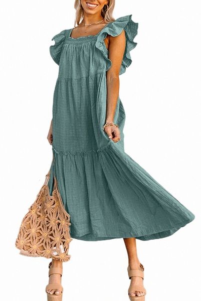 

green smocked neckline flutter sleeve maxi dress z1ve#, Black;pink