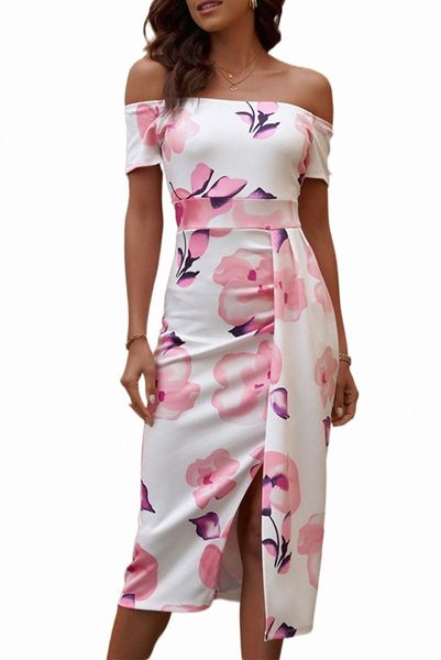 

pink floral print off shoulder slit bodycon midi dress h7yc#, Black;pink