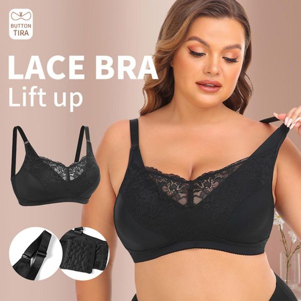 

bras large size female bra without steel ring lace underwear vest corset back gather push up bralette full chest breasted 230517, Red;black