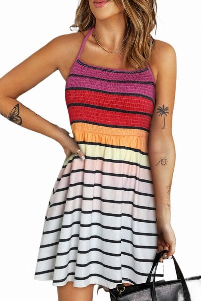 

striped print smocked halter open back fit flare dress o5ia#, Black;pink