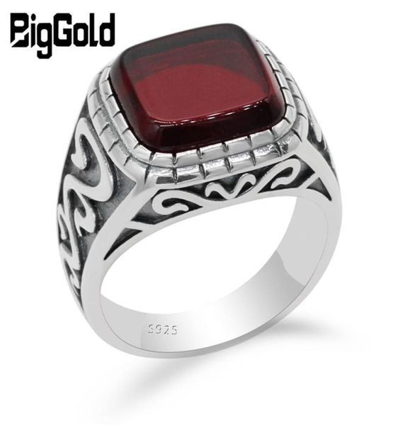 

925 sterling silver vintage men ring with square red natural onyx stone thai silver carved ring for men turkish handmade jewelry4492768, Golden;silver