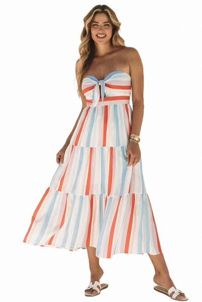 

multicolor striped tie decor strapless tiered maxi dress l8rs#, Black;pink
