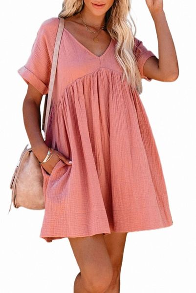 

pink roll up short sleeve v neck babydoll mini dress g7cu#, Black;pink