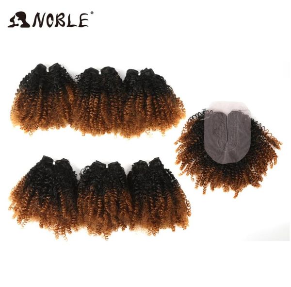 

ombre synthetic hair extensions clsoure middle part 7pcslot afro kinky curly hair bundles with closure for black women 2202166590441, Black;brown