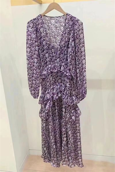

casual dresses -aje v-neck fit floral dress long sleeve ruffle maxi dress for women, Black;gray