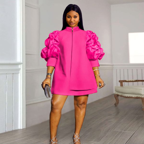 

plus size dresses size office lady fashion zippper women dress 2023 designer puff long sleeve elegant short vestidos night party gowns outfi, Black
