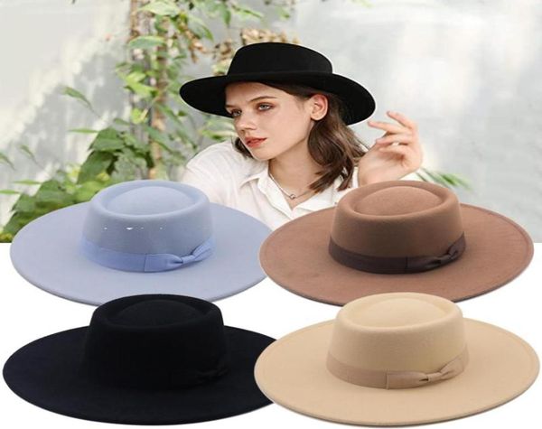 

stingy brim hats 2021 winter fedora fedoras for women fashion bowknot flat wide wool felt jazz cap bucket hat8435862, Blue;gray