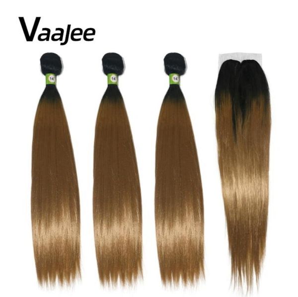 

vaajee synthetic hair weave 14 inch 4pcslot afro kinky straight brown bundles extension with closure 2202164087566, Black;brown
