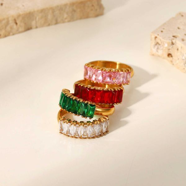 

band rings colorful zircon stainless steel rings 18k gold waterproof jewlry women gift half rectangular cubic zirconia rings for wedding j23, Silver