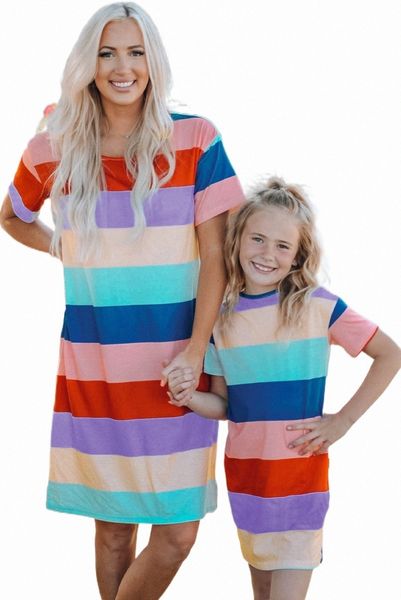 

mother and daughter matching striped side split t-shirt dress l1b1#, Black;pink
