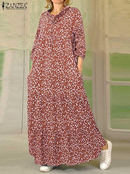 

dresses zanzea women fashion maxi dress 2023 bohemian floral print 3/4 sleeve tiered vestidos casual loose pile neck holiday long robes, Black;gray