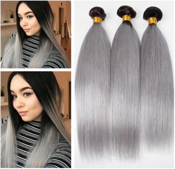 

straight 1bgrey ombre brazilain virgin human hair weaves extensions dark root ombre silver grey human hair bundles deals 3pcs lo5600023, Black
