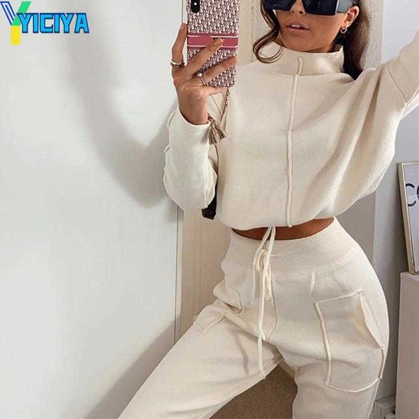

yiciya women's two piece pants turtleneck cropped pullovers tracksuit suit trousers set 2023 autumn lace up pocket sweatpants sets ladi, White