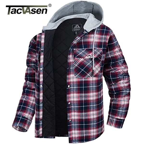 

men's dress shirts tacvasen cotton flannel shirt jacket with hood mens long sleeve quilted lined plaid coat button down thick hoodie ou, White;black