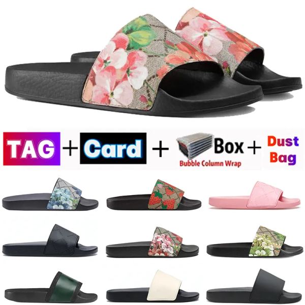 

2023 designer slippers men women slides with box dust bag card shoes black floral strawberry print web rubber slide canvas green flowers nvz