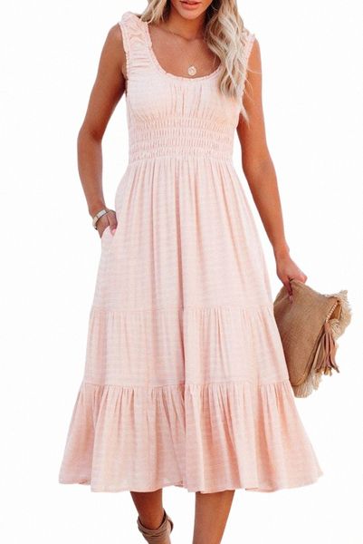 

apricot smocked ruched sleeveless high waist midi dress t7xs#, Black;pink