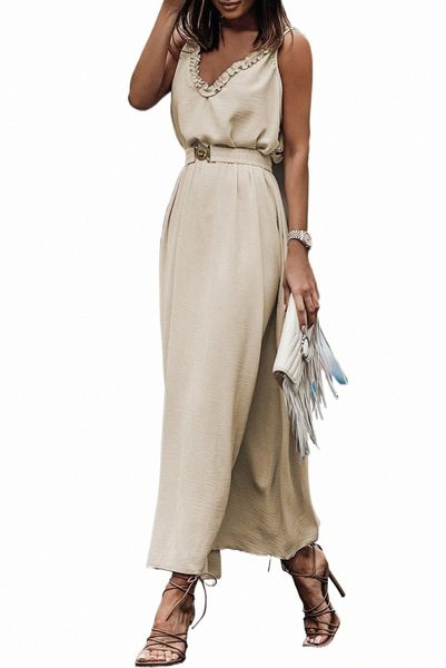 

apricot v neck sleeveless maxi dress with elastic belt h4ql#, Black;pink