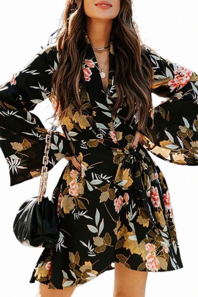 

black palazzo floral ruffle wrap dress 2023 new t3sh#, Black;pink