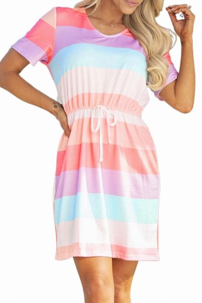 

multicolor striped drawstring v neck t shirt dress t2zf#, Black;pink